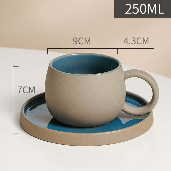 ZenCrafter 250ml ceramic coffee mug and saucer with dimensions showcasing traditional Japanese stoneware design.
