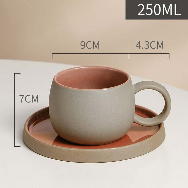 ZenCrafter ceramic coffee mug set with measurements, showcasing a retro-style mug and saucer inspired by traditional Japanese stoneware.