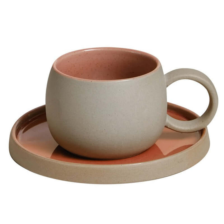 ZenCrafter Coffee Mug Set with Saucer - Handcrafted Ceramic Stoneware in Retro Style